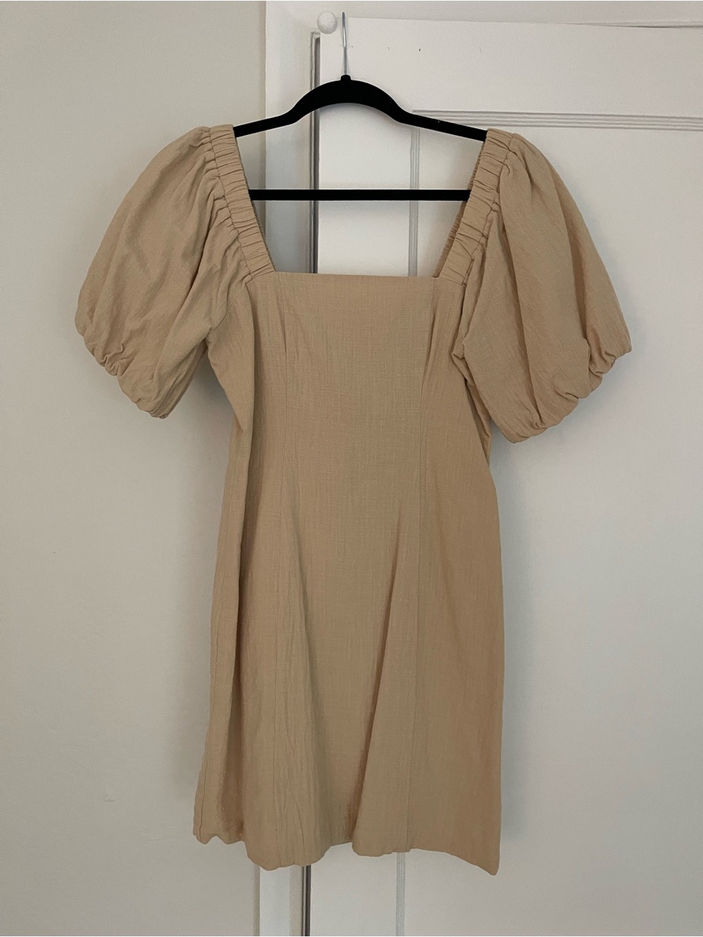 Square Neck Puff Sleeve Mini Dress in Beige